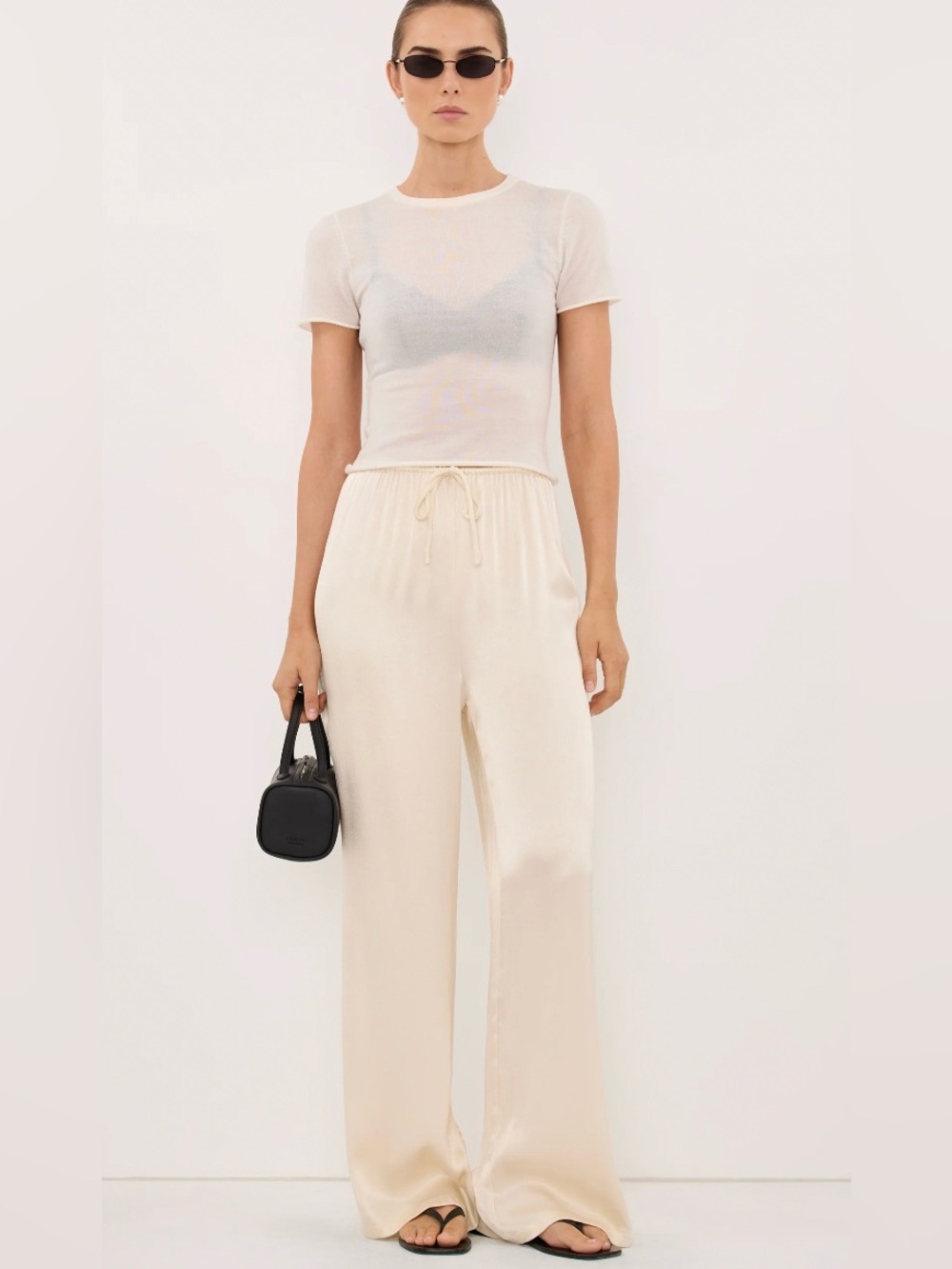 DISSH Mya Cream Wide-Leg Drawstring Satin Pants